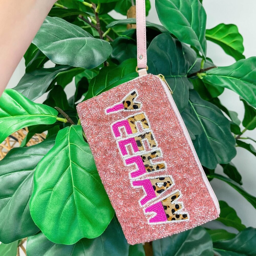 Beaded Yee Haw Cowgirl Western Pink Leopard Money Makeup Lipstick Wristlet Bag